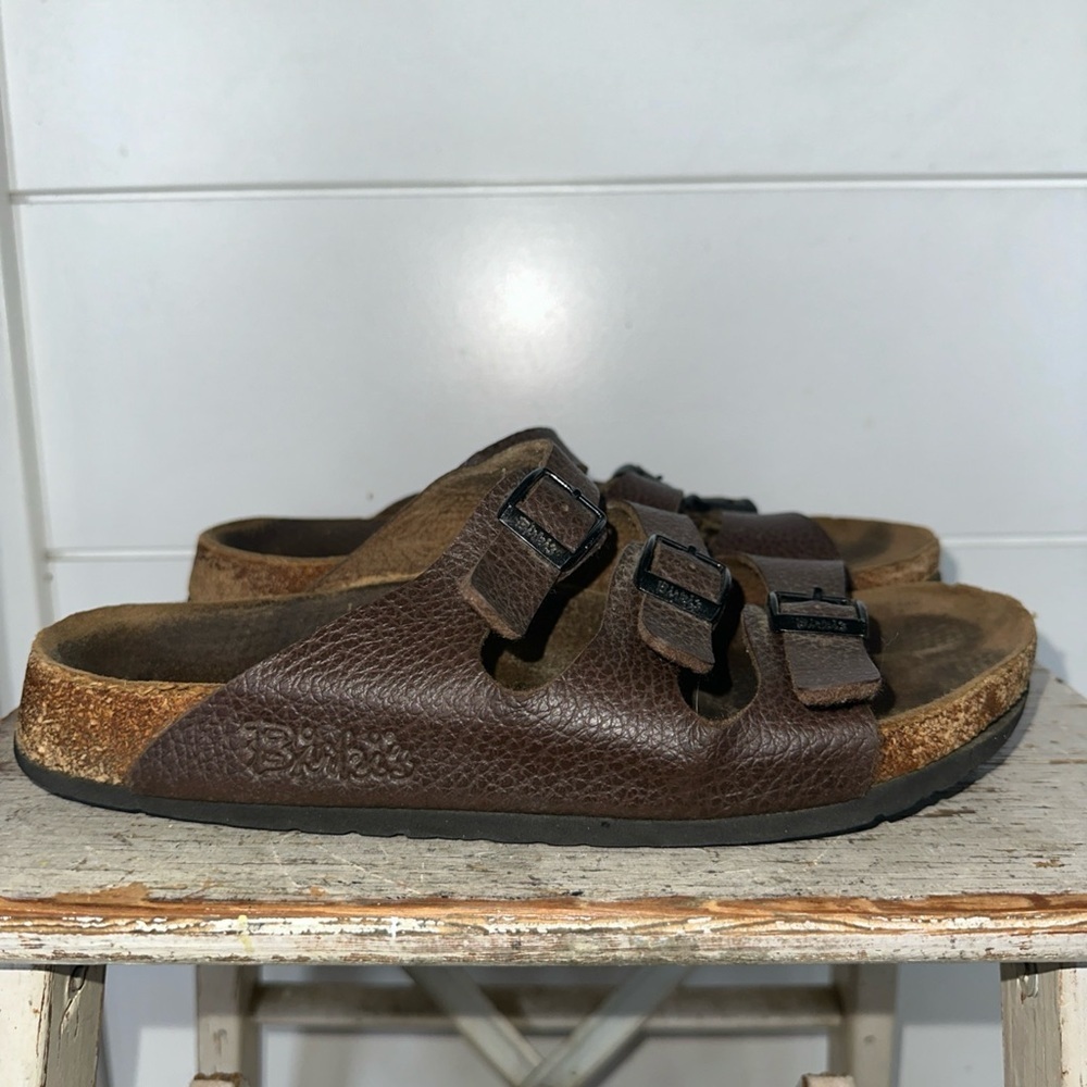 Birkenstock Birkis Florida Three Strap Pebble Brown Leather Sandals Size 10